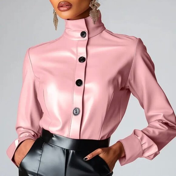 Women'S High Neck Blouse - Long Sleeve Shirt with Single Breasted Button Front - Picture 2 of 2